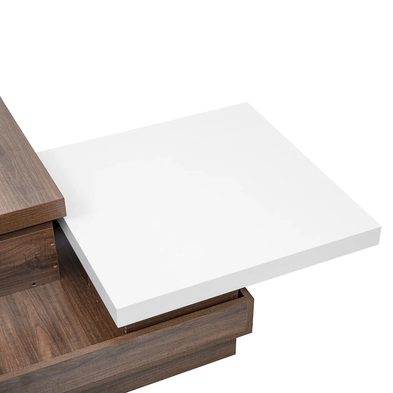 Table basse à plateau rotatif, Table basse carrée moderne avec motif grain de bois, 1 espace de rangement caché pour le salon