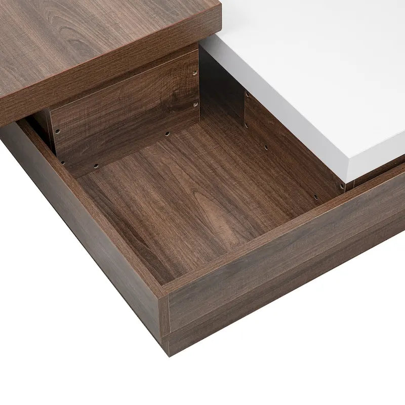 Table basse à plateau rotatif, Table basse carrée moderne avec motif grain de bois, 1 espace de rangement caché pour le salon