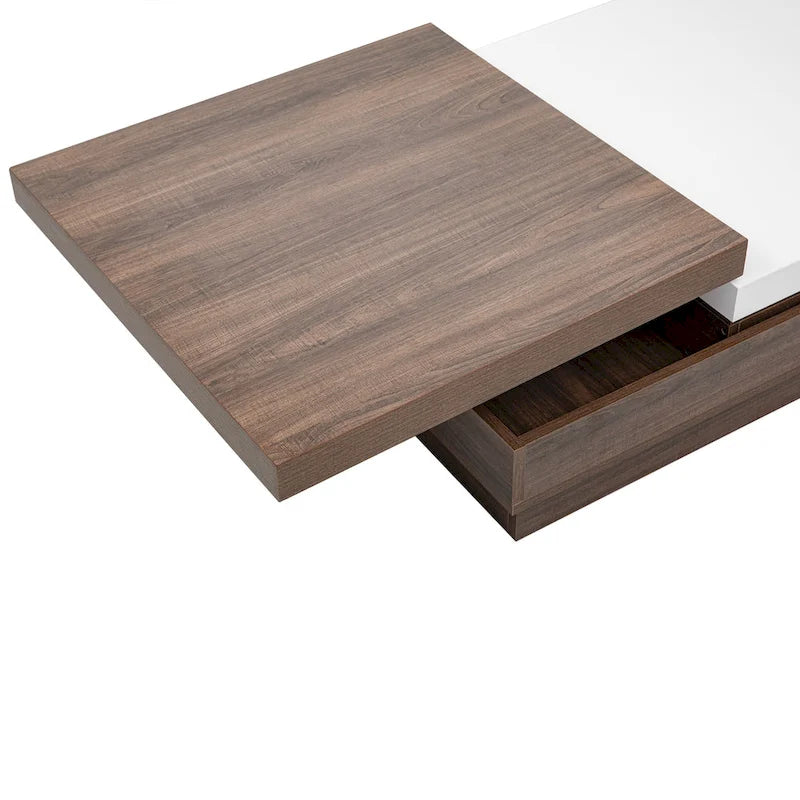 Table basse à plateau rotatif, Table basse carrée moderne avec motif grain de bois, 1 espace de rangement caché pour le salon