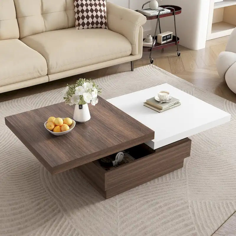 Table basse à plateau rotatif, Table basse carrée moderne avec motif grain de bois, 1 espace de rangement caché pour le salon
