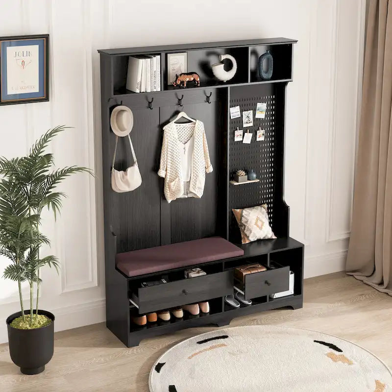 Portemanteau d'entrée multifonctionnel avec banc rembourré en lin amovible, patère, étagères de rangement et panneau perforé DIY