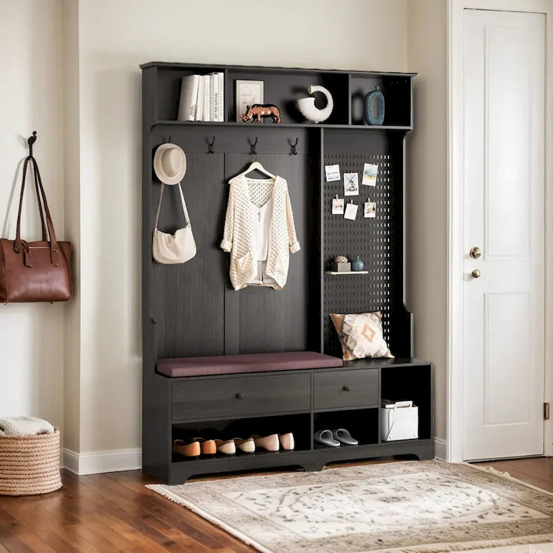 Portemanteau d'entrée multifonctionnel avec banc rembourré en lin amovible, patère, étagères de rangement et panneau perforé DIY