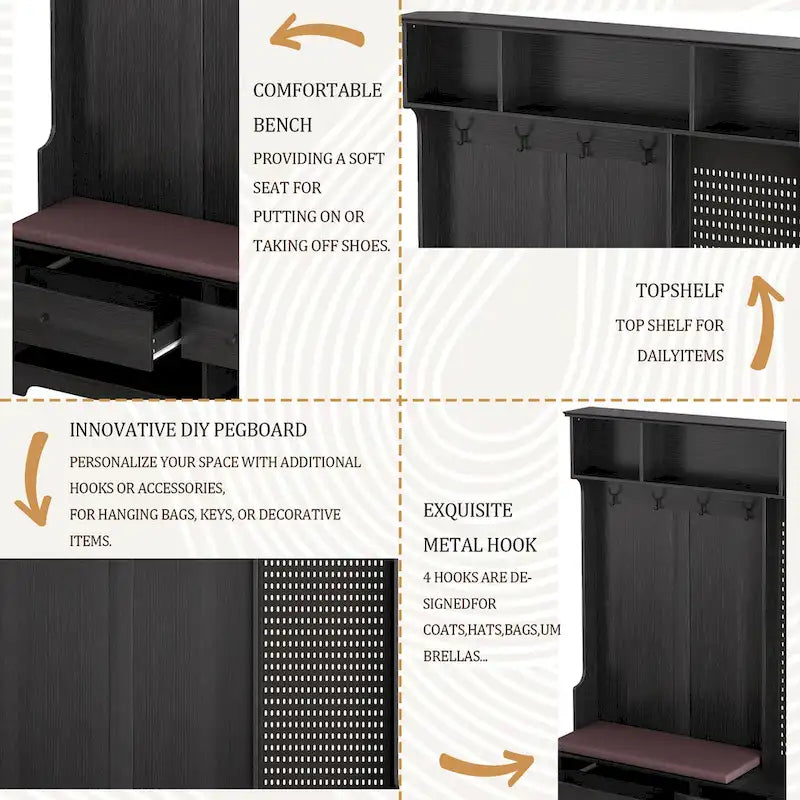 Portemanteau d'entrée multifonctionnel avec banc rembourré en lin amovible, patère, étagères de rangement et panneau perforé DIY