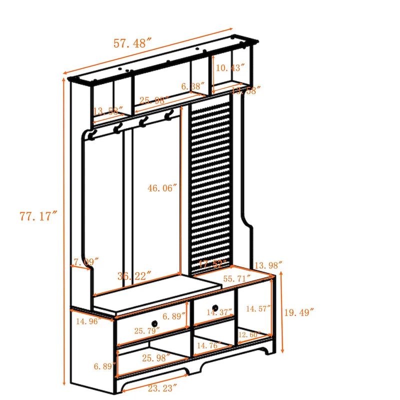 Portemanteau d'entrée multifonctionnel avec banc rembourré en lin amovible, patère, étagères de rangement et panneau perforé DIY