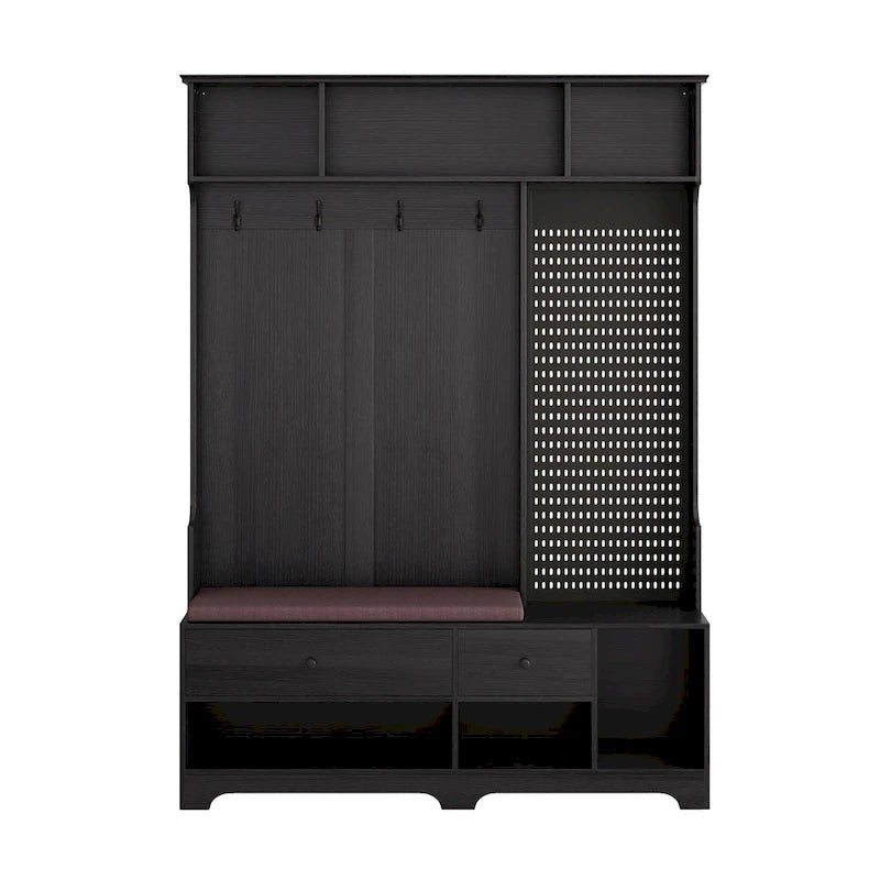 Portemanteau d'entrée multifonctionnel avec banc rembourré en lin amovible, patère, étagères de rangement et panneau perforé DIY