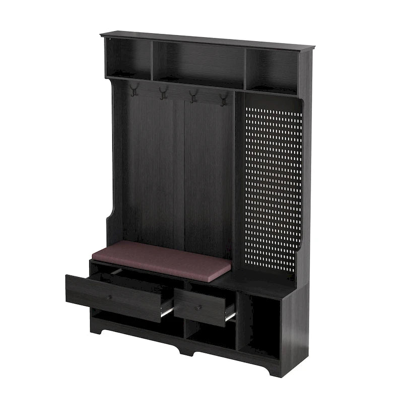 Portemanteau d'entrée multifonctionnel avec banc rembourré en lin amovible, patère, étagères de rangement et panneau perforé DIY