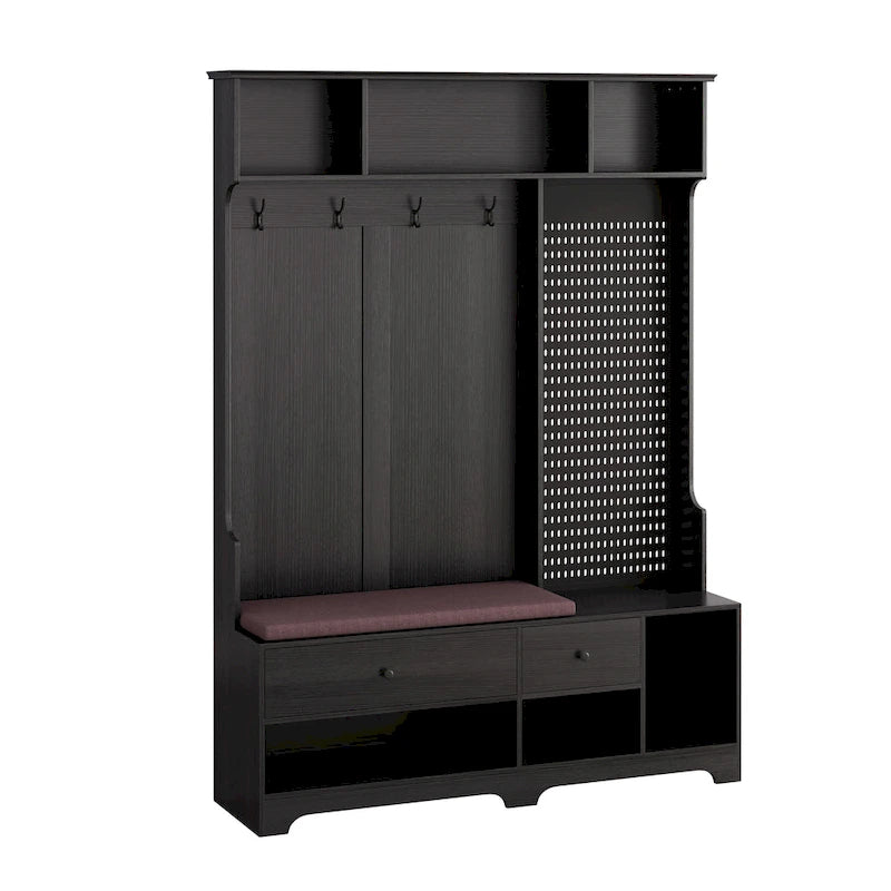Portemanteau d'entrée multifonctionnel avec banc rembourré en lin amovible, patère, étagères de rangement et panneau perforé DIY