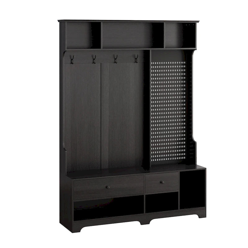 Portemanteau d'entrée multifonctionnel avec banc rembourré en lin amovible, patère, étagères de rangement et panneau perforé DIY
