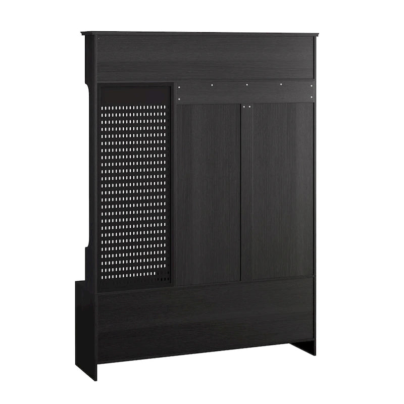 Portemanteau d'entrée multifonctionnel avec banc rembourré en lin amovible, patère, étagères de rangement et panneau perforé DIY