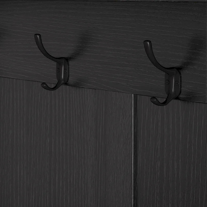Portemanteau d'entrée multifonctionnel avec banc rembourré en lin amovible, patère, étagères de rangement et panneau perforé DIY