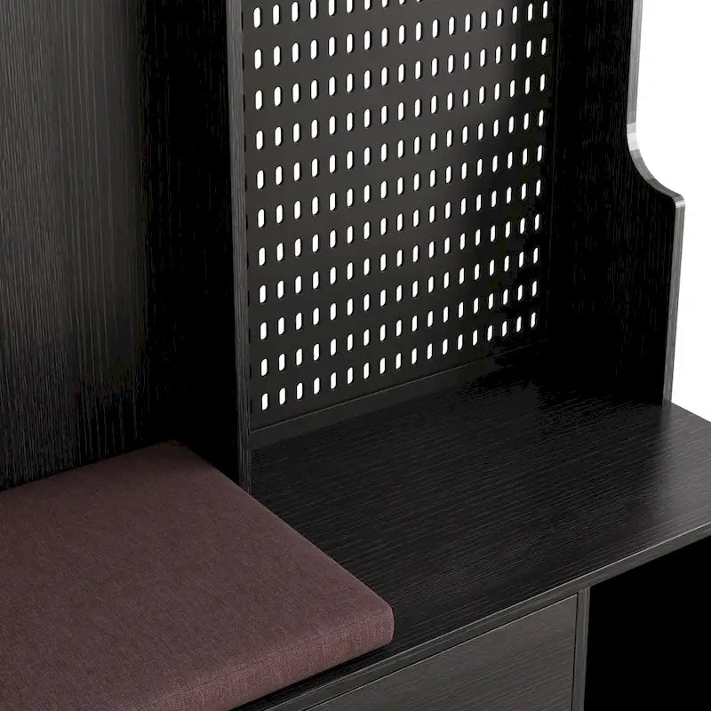 Portemanteau d'entrée multifonctionnel avec banc rembourré en lin amovible, patère, étagères de rangement et panneau perforé DIY