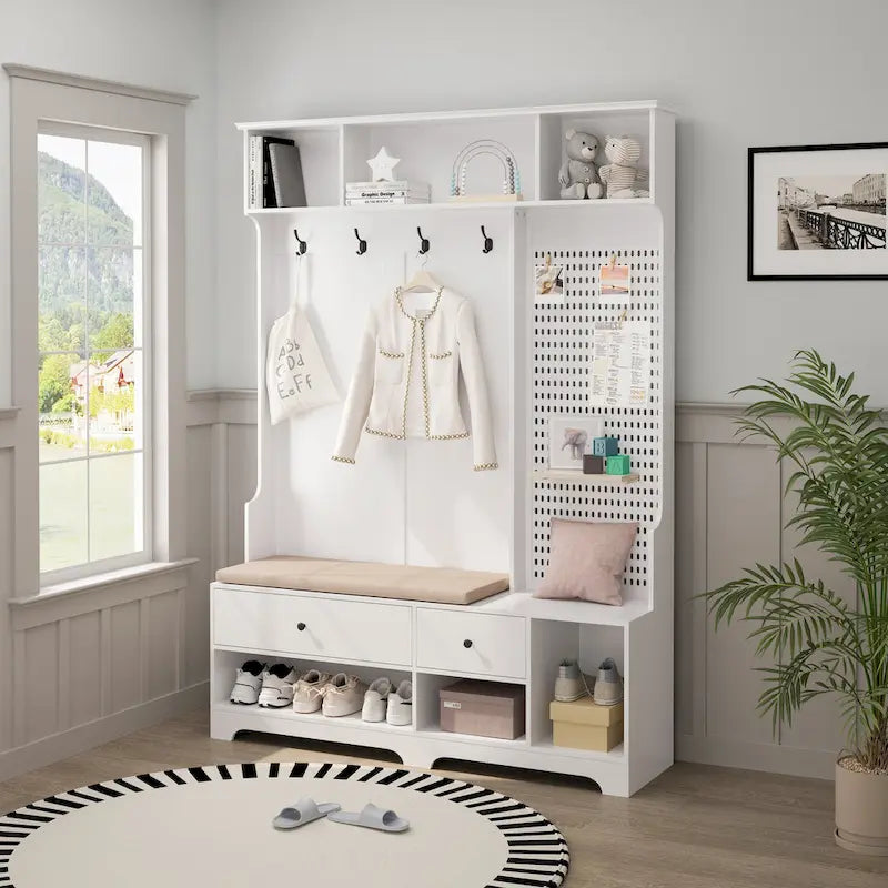 Portemanteau d'entrée multifonctionnel avec banc rembourré en lin amovible, patère, étagères de rangement et panneau perforé DIY