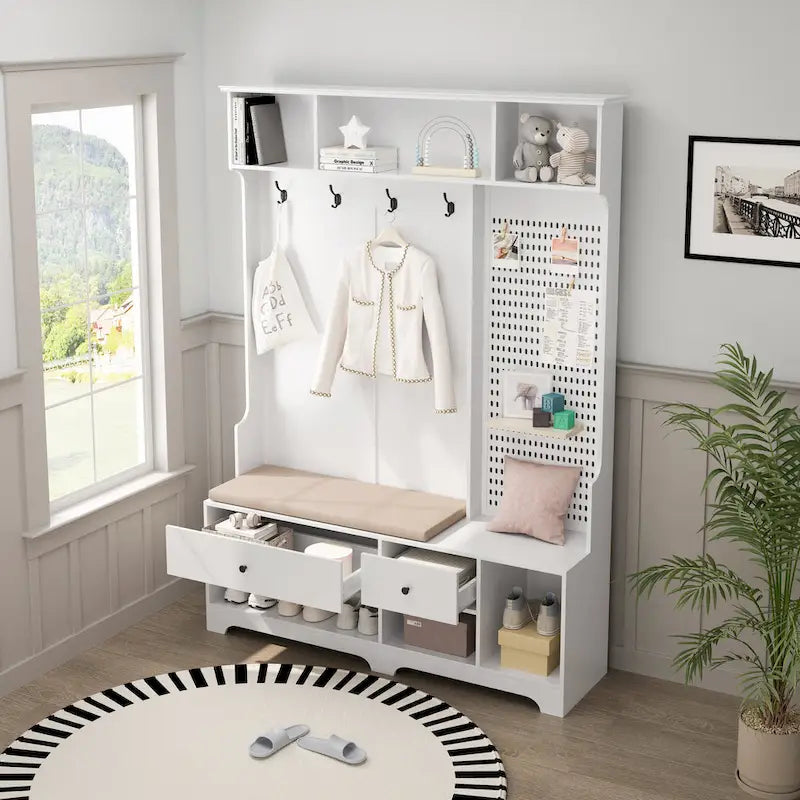 Portemanteau d'entrée multifonctionnel avec banc rembourré en lin amovible, patère, étagères de rangement et panneau perforé DIY