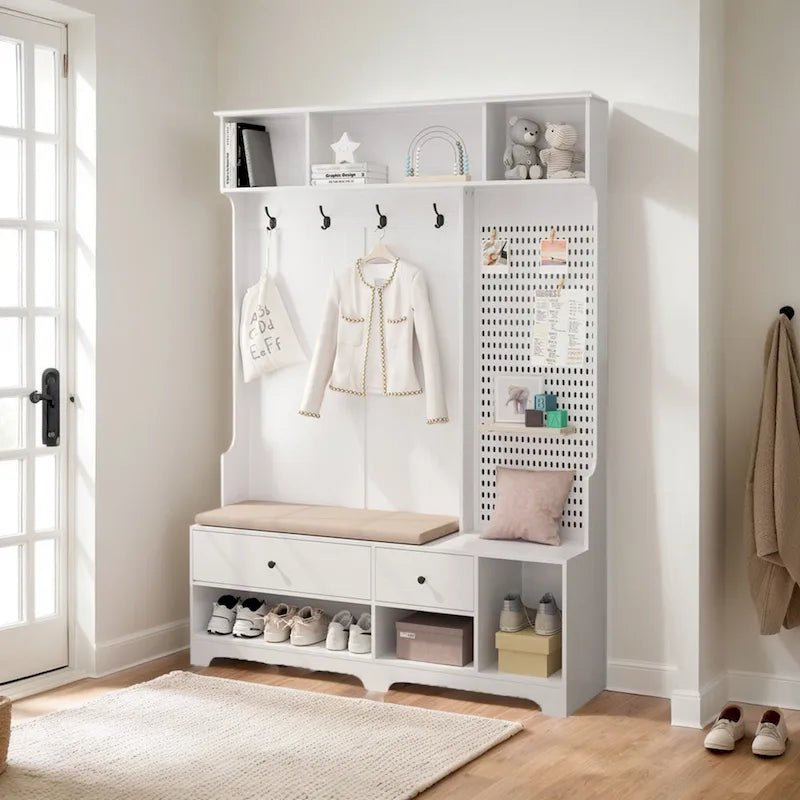 Portemanteau d'entrée multifonctionnel avec banc rembourré en lin amovible, patère, étagères de rangement et panneau perforé DIY