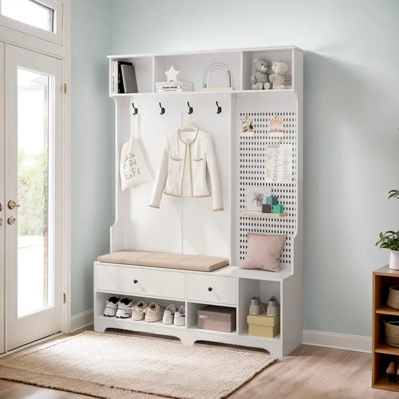 Portemanteau d'entrée multifonctionnel avec banc rembourré en lin amovible, patère, étagères de rangement et panneau perforé DIY