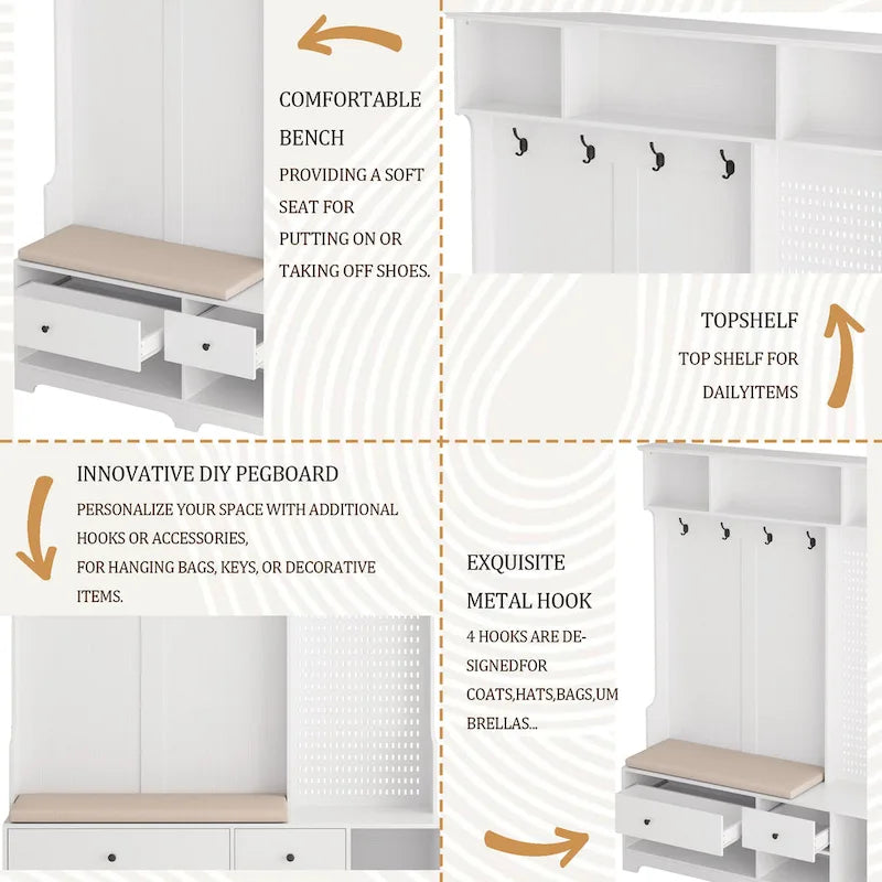 Portemanteau d'entrée multifonctionnel avec banc rembourré en lin amovible, patère, étagères de rangement et panneau perforé DIY