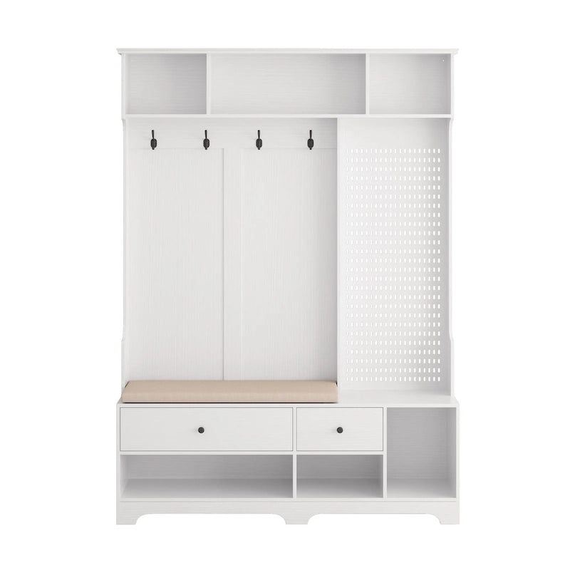 Portemanteau d'entrée multifonctionnel avec banc rembourré en lin amovible, patère, étagères de rangement et panneau perforé DIY