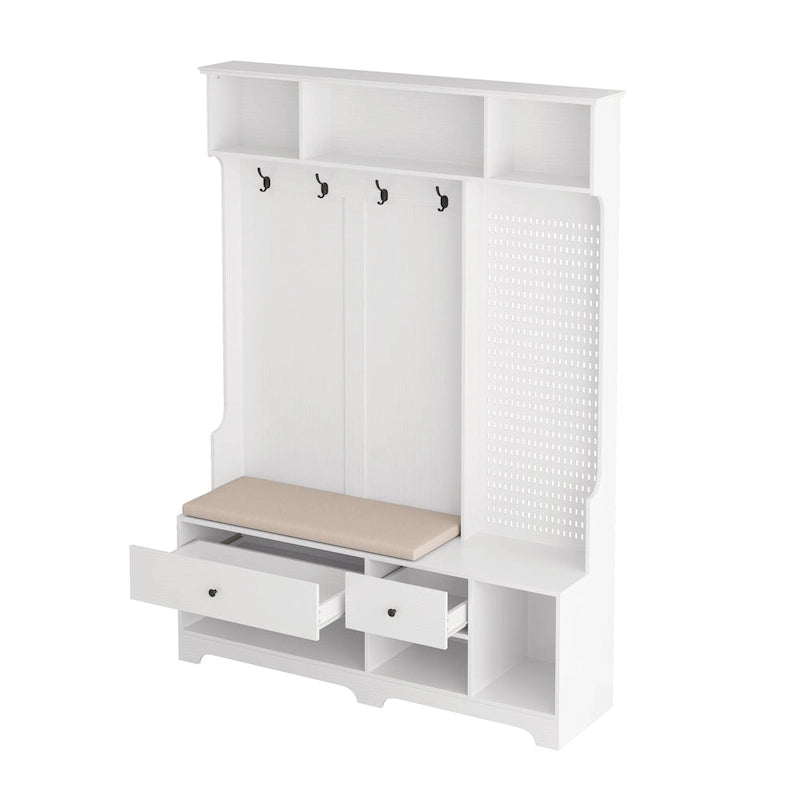Portemanteau d'entrée multifonctionnel avec banc rembourré en lin amovible, patère, étagères de rangement et panneau perforé DIY