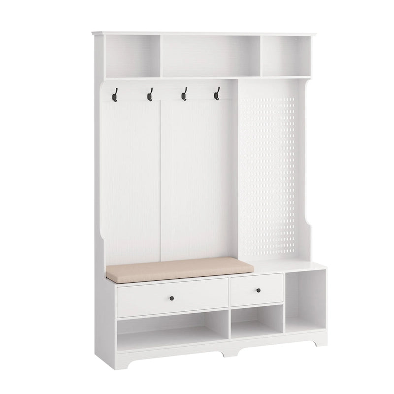 Portemanteau d'entrée multifonctionnel avec banc rembourré en lin amovible, patère, étagères de rangement et panneau perforé DIY