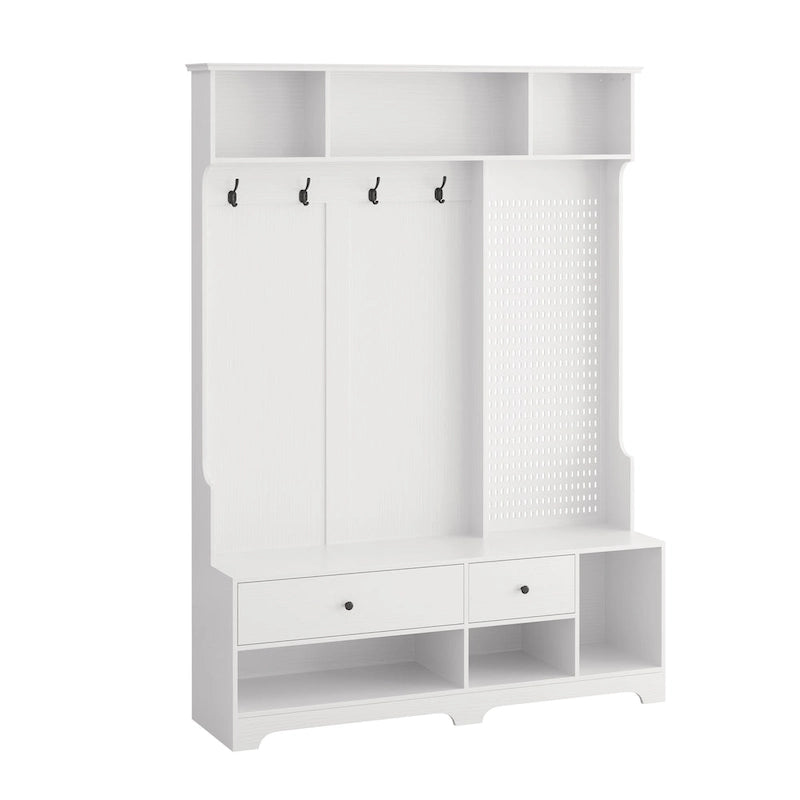 Portemanteau d'entrée multifonctionnel avec banc rembourré en lin amovible, patère, étagères de rangement et panneau perforé DIY