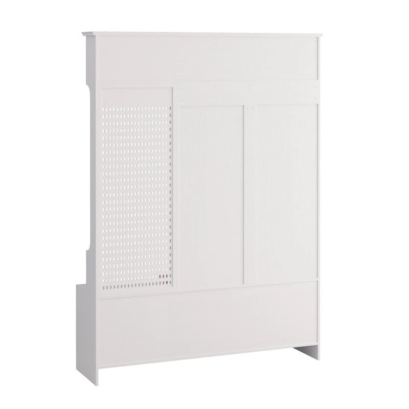 Portemanteau d'entrée multifonctionnel avec banc rembourré en lin amovible, patère, étagères de rangement et panneau perforé DIY
