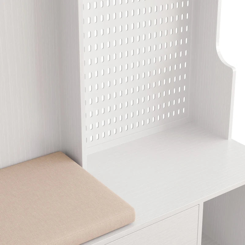 Portemanteau d'entrée multifonctionnel avec banc rembourré en lin amovible, patère, étagères de rangement et panneau perforé DIY