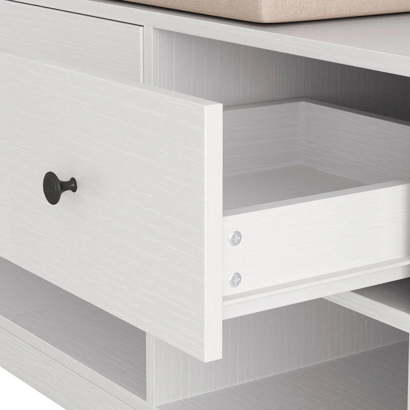 Portemanteau d'entrée multifonctionnel avec banc rembourré en lin amovible, patère, étagères de rangement et panneau perforé DIY