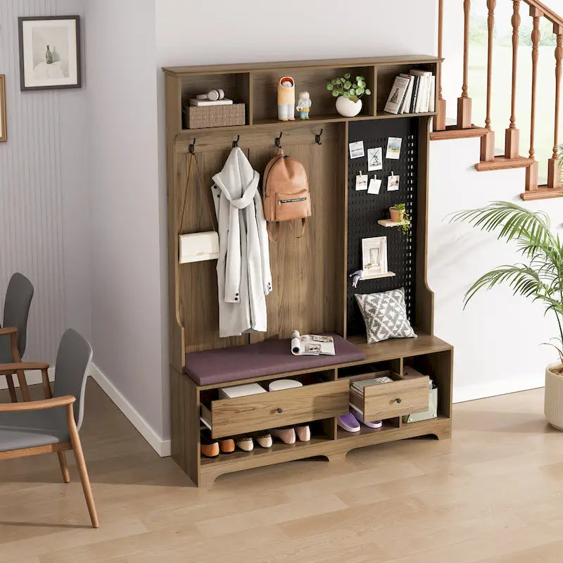 Portemanteau d'entrée multifonctionnel avec banc rembourré en lin amovible, patère, étagères de rangement et panneau perforé DIY