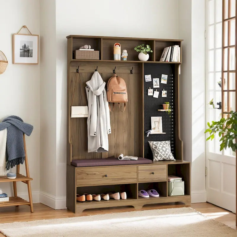 Portemanteau d'entrée multifonctionnel avec banc rembourré en lin amovible, patère, étagères de rangement et panneau perforé DIY