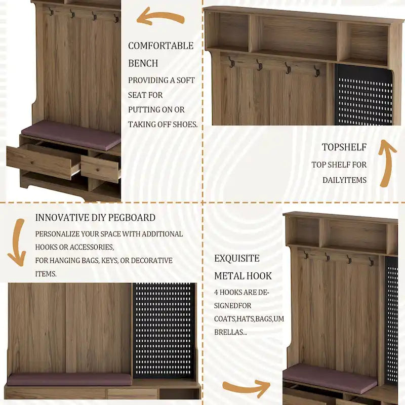 Portemanteau d'entrée multifonctionnel avec banc rembourré en lin amovible, patère, étagères de rangement et panneau perforé DIY