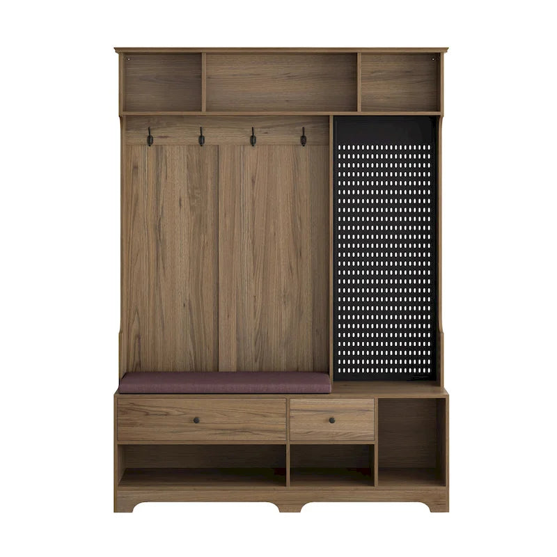 Portemanteau d'entrée multifonctionnel avec banc rembourré en lin amovible, patère, étagères de rangement et panneau perforé DIY