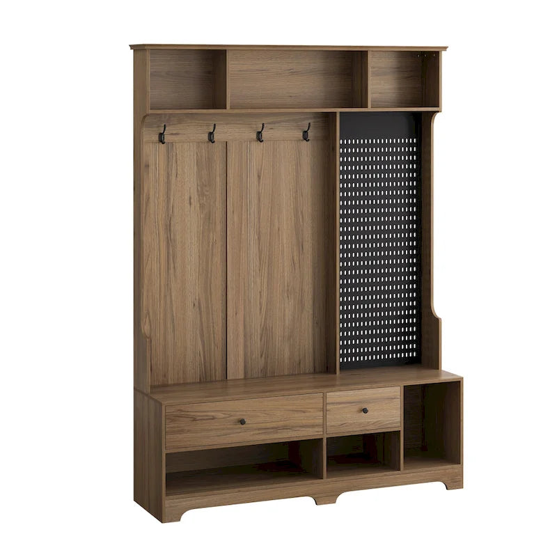 Portemanteau d'entrée multifonctionnel avec banc rembourré en lin amovible, patère, étagères de rangement et panneau perforé DIY