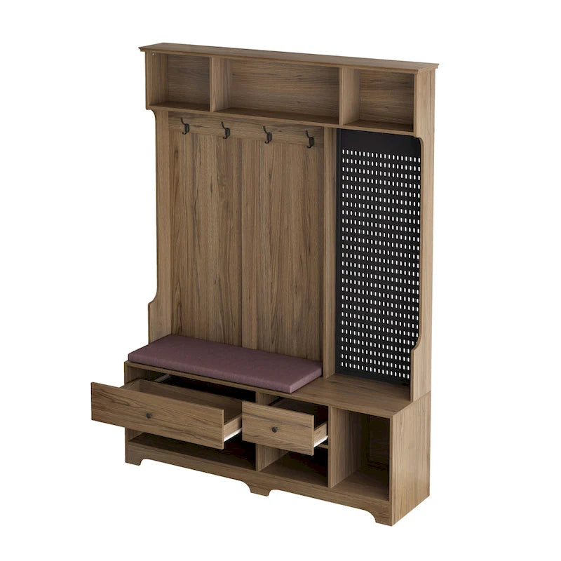 Portemanteau d'entrée multifonctionnel avec banc rembourré en lin amovible, patère, étagères de rangement et panneau perforé DIY
