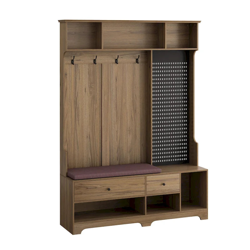Portemanteau d'entrée multifonctionnel avec banc rembourré en lin amovible, patère, étagères de rangement et panneau perforé DIY