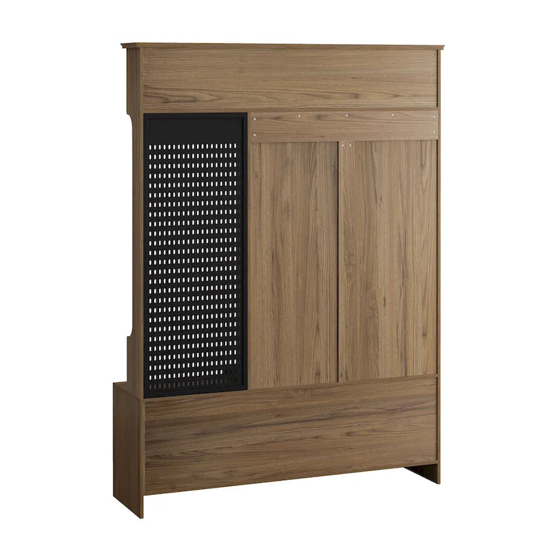 Portemanteau d'entrée multifonctionnel avec banc rembourré en lin amovible, patère, étagères de rangement et panneau perforé DIY