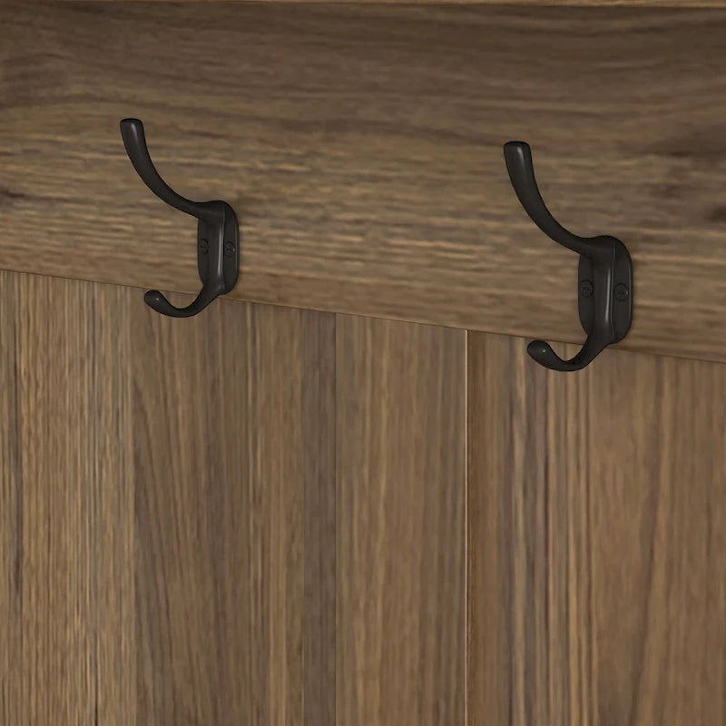 Portemanteau d'entrée multifonctionnel avec banc rembourré en lin amovible, patère, étagères de rangement et panneau perforé DIY