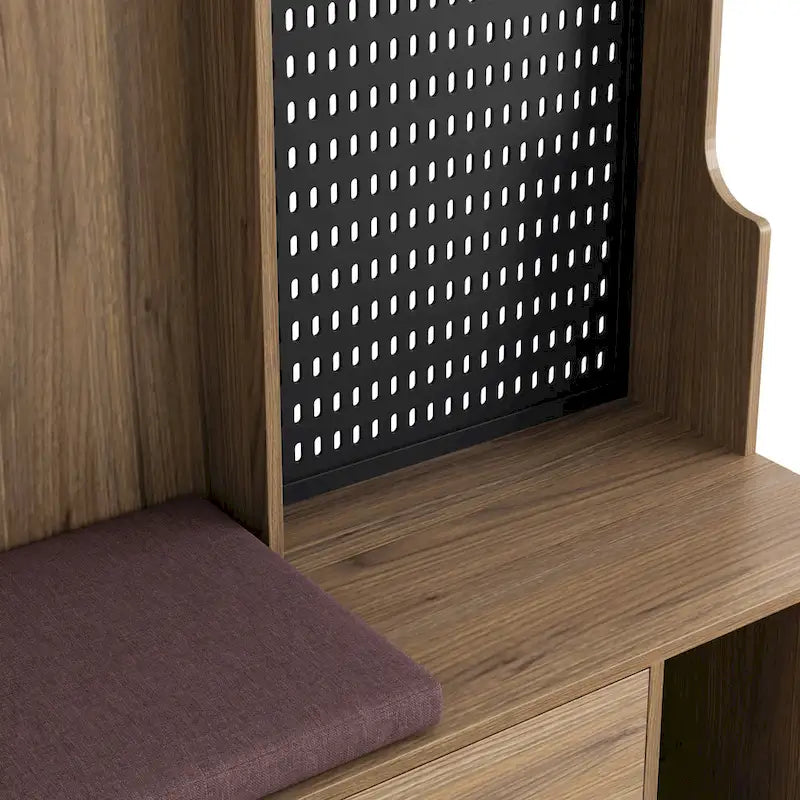 Portemanteau d'entrée multifonctionnel avec banc rembourré en lin amovible, patère, étagères de rangement et panneau perforé DIY