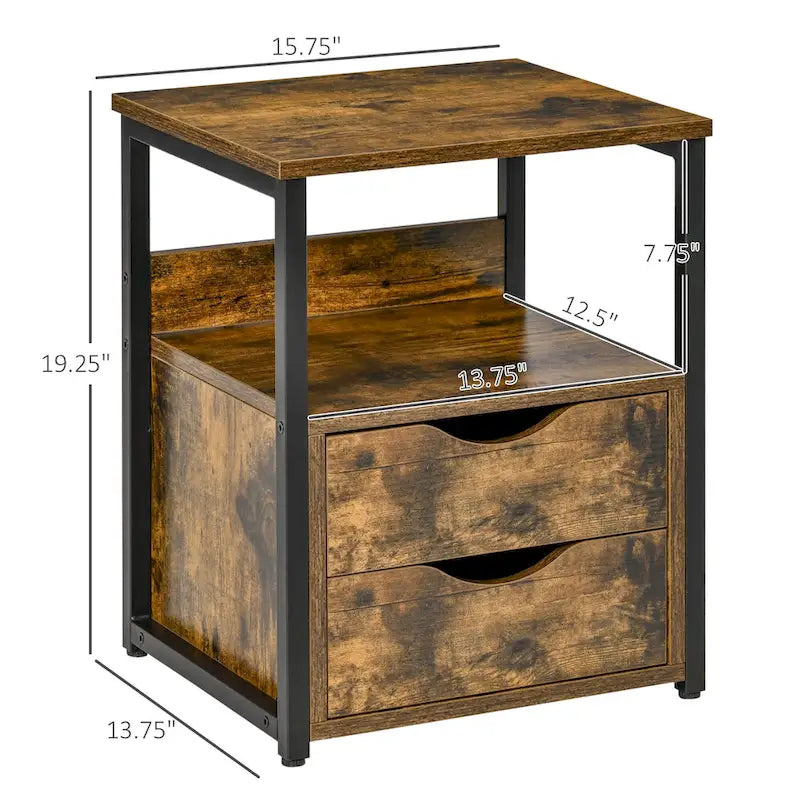 Table d'appoint industrielle avec 2 tiroirs, petite table de chevet avec étagère de rangement, bout de canapé d'appoint avec poignée rainurée et cadre en métal
