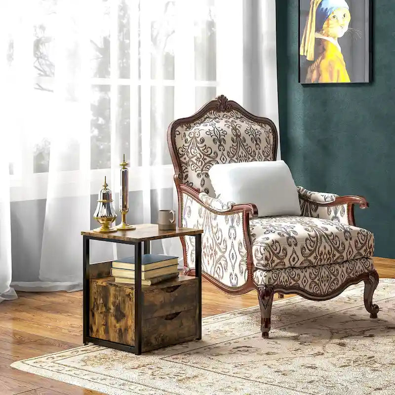Table d'appoint industrielle avec 2 tiroirs, petite table de chevet avec étagère de rangement, bout de canapé d'appoint avec poignée rainurée et cadre en métal