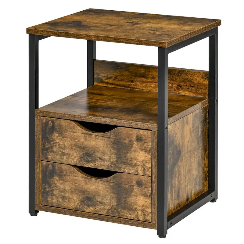 Table d'appoint industrielle avec 2 tiroirs, petite table de chevet avec étagère de rangement, bout de canapé d'appoint avec poignée rainurée et cadre en métal