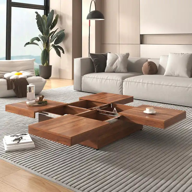 Table basse carrée en placage de marbre avec plateau coulissant et rangement en noyer 39,4