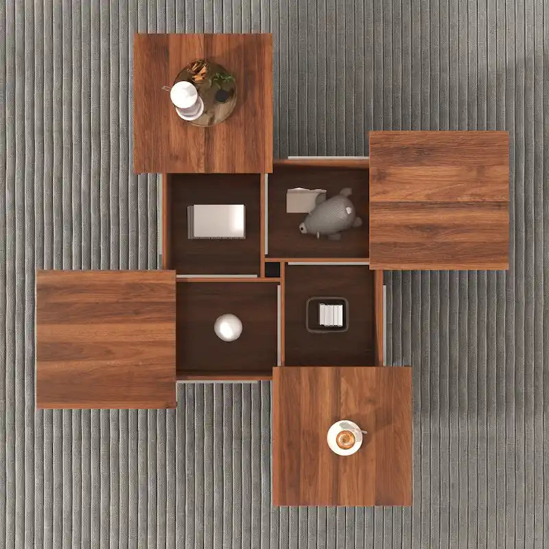 Table basse carrée en placage de marbre avec plateau coulissant et rangement en noyer 39,4