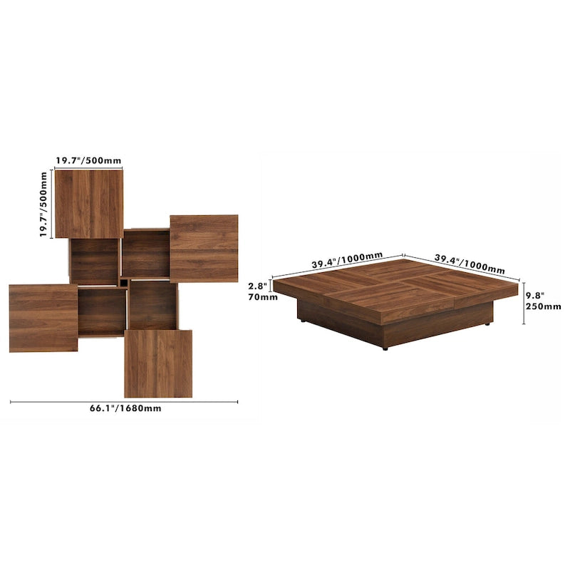 Table basse carrée en placage de marbre avec plateau coulissant et rangement en noyer 39,4