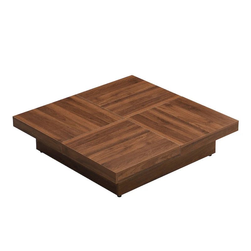 Table basse carrée en placage de marbre avec plateau coulissant et rangement en noyer 39,4