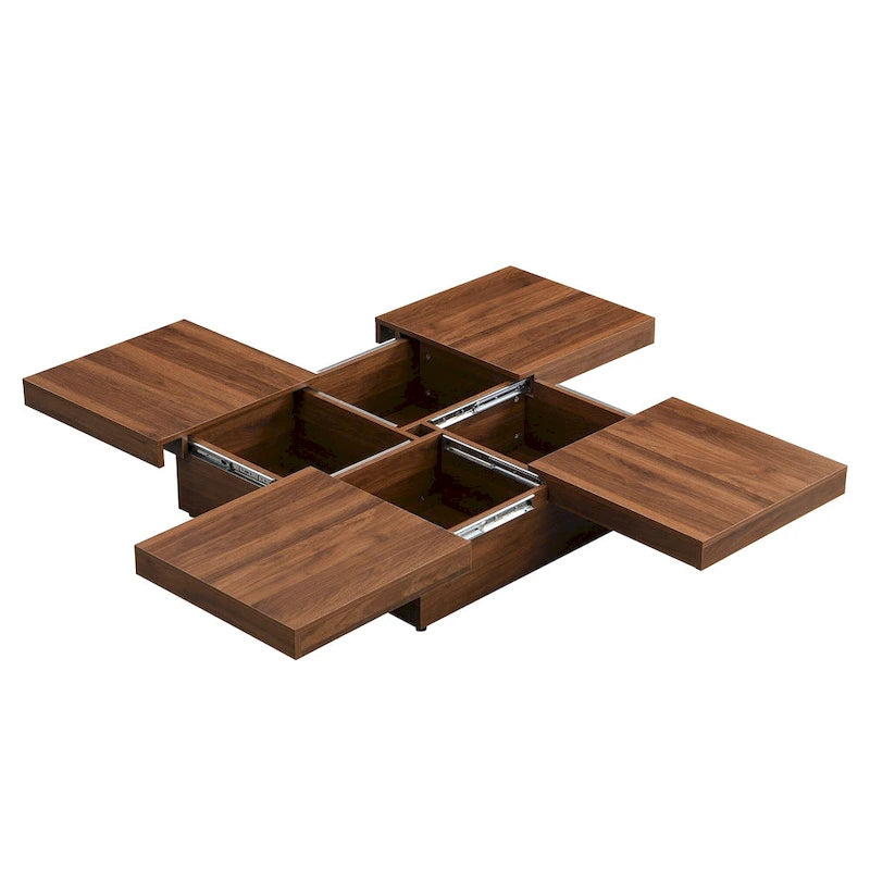 Table basse carrée en placage de marbre avec plateau coulissant et rangement en noyer 39,4