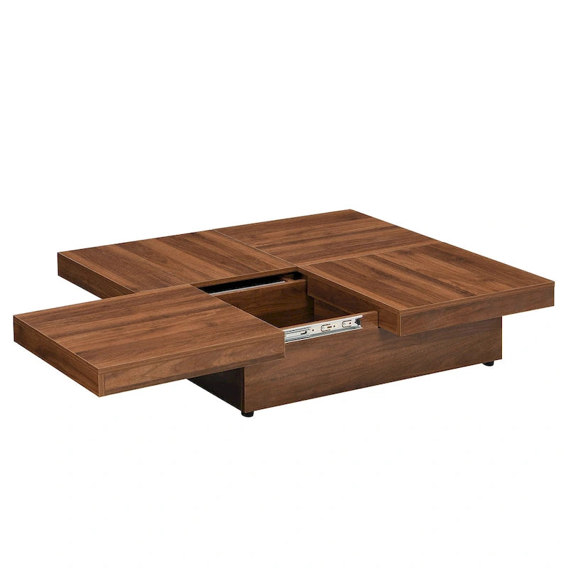 Table basse carrée en placage de marbre avec plateau coulissant et rangement en noyer 39,4