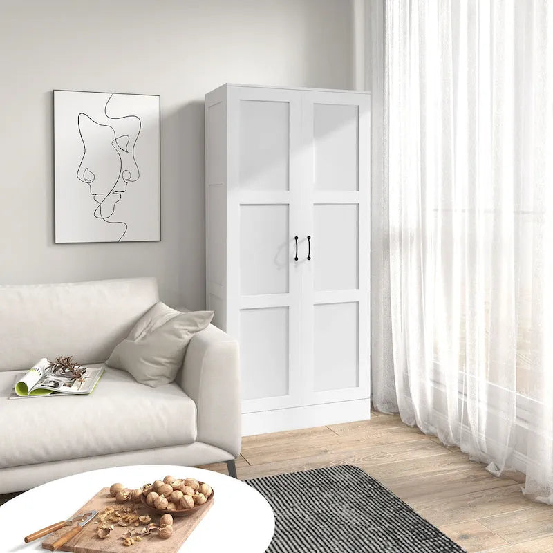Meuble de rangement haut de 180 cm avec étagères amovibles, armoire de garde-manger de style moderne avec portes à fermeture douce, blanc