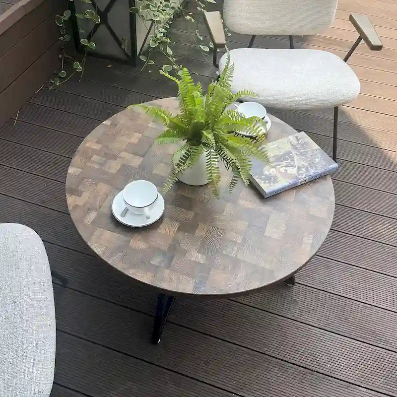 Table basse ronde en bois et métal noir