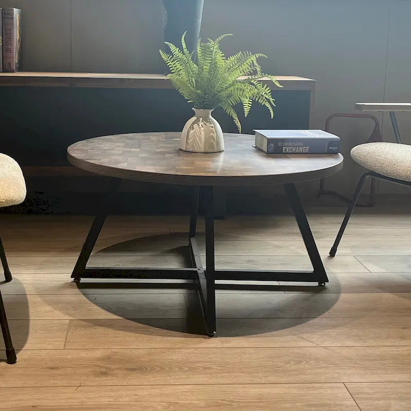 Table basse ronde en bois et métal noir