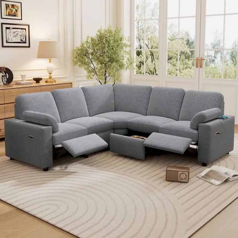 Canapé inclinable sectionnel 89 places avec home cinéma et deux ports USB, deux tiroirs de rangement pour le salon, beige